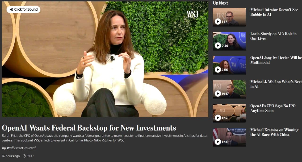 Featured image for: OpenAI seeks federal backstop for new investments, WSJ reports OpenAI seeks federal backstop for new investments, WSJ reports