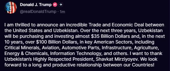 Featured image for: President Trump announces $35 billion trade deal with Uzbekistan President Trump announces $35 billion trade deal with Uzbekistan