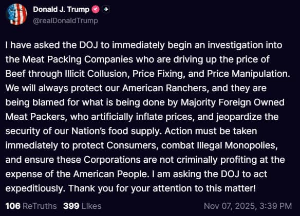 Featured image for: Trump orders DOJ to investigate meat packing companies over beef prices Trump orders DOJ to investigate meat packing companies over beef prices