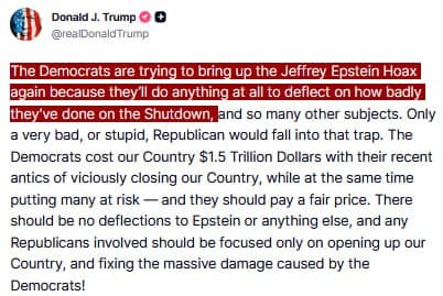 Featured image for: Trump accuses Democrats of using Epstein Hoax to distract from Shutdown Trump accuses Democrats of using Epstein Hoax to distract from Shutdown