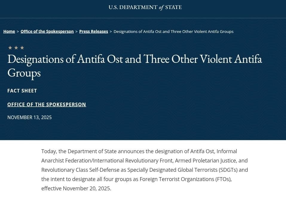 Featured image for: U.S. State Department to designate four Antifa groups as Foreign Terror Organizations by November 20th U.S. State Department to designate four Antifa groups as Foreign Terror Organizations by November 20th