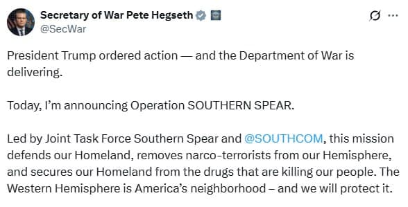 Featured image for: Secretary of War Pete Hegseth announces Operation SOUTHERN SPEAR Secretary of War Pete Hegseth announces Operation SOUTHERN SPEAR
