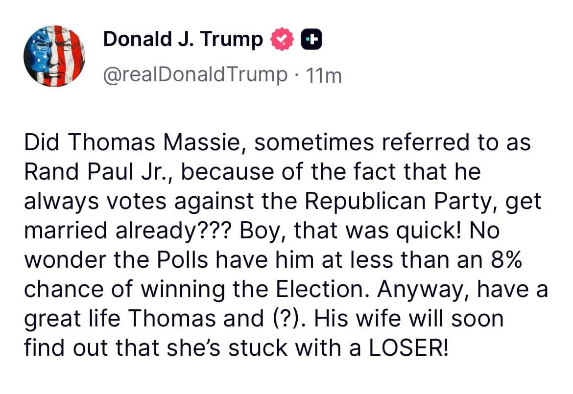 Featured image for: Trump criticizes Rep. Thomas Massie for remarrying after wife's death Trump criticizes Rep. Thomas Massie for remarrying after wife's death