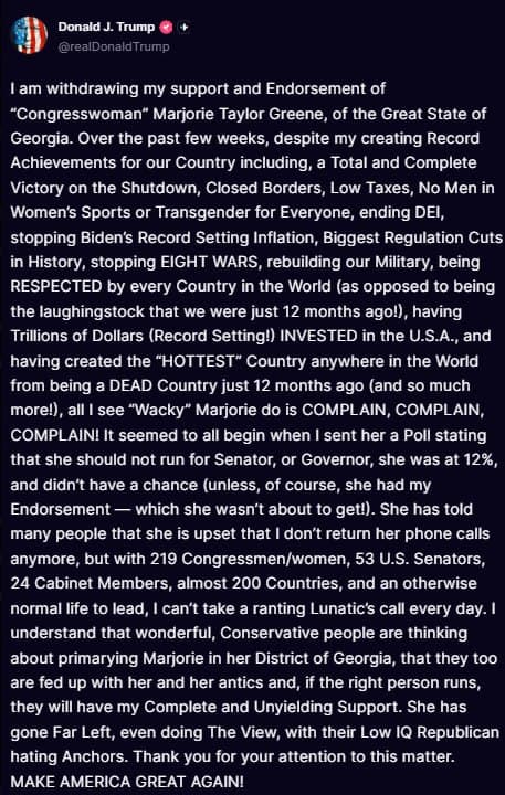 Featured image for: Trump withdraws support for Marjorie Taylor Greene Trump withdraws support for Marjorie Taylor Greene