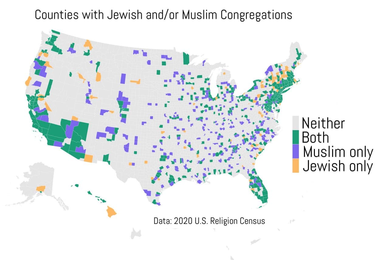 Featured image for: 51% of U.S. counties with synagogues also have mosques 51% of U.S. counties with synagogues also have mosques
