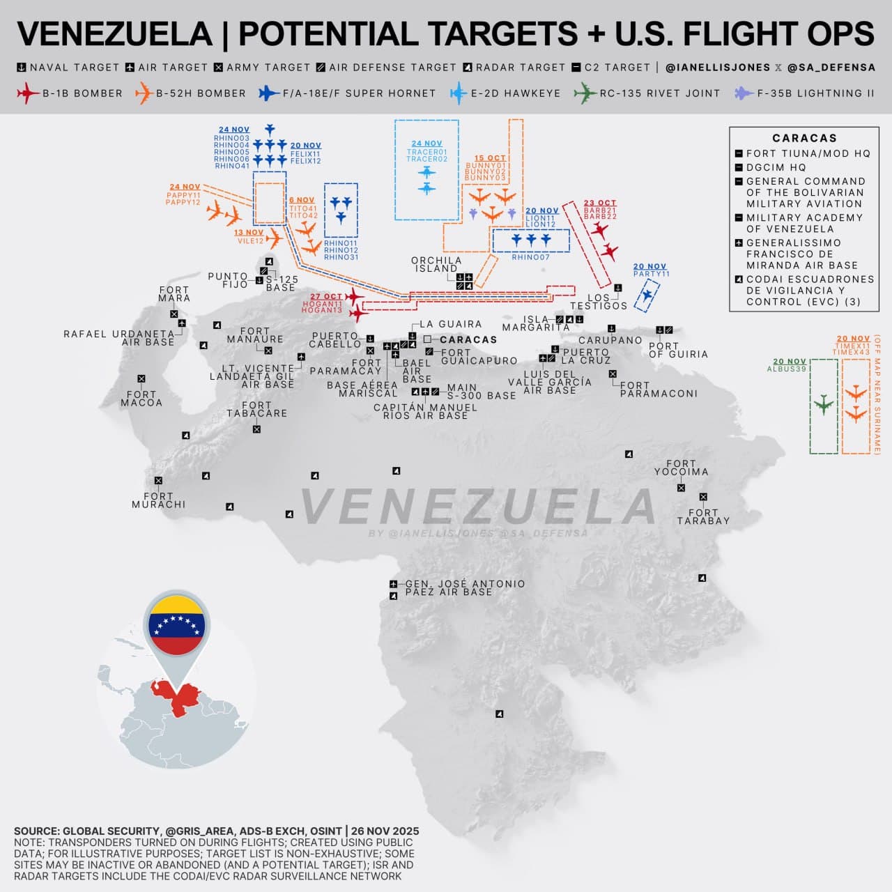 Featured image for: Modified map shows U.S. military targets and flight operations in Venezuela Modified map shows U.S. military targets and flight operations in Venezuela