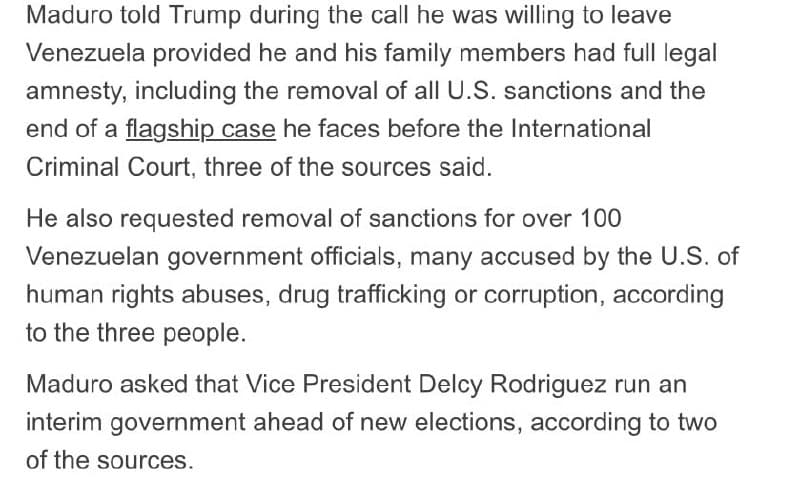 Featured image for: Maduro offers to leave Venezuela for amnesty and lifted sanctions, per Reuters Maduro offers to leave Venezuela for amnesty and lifted sanctions, per Reuters