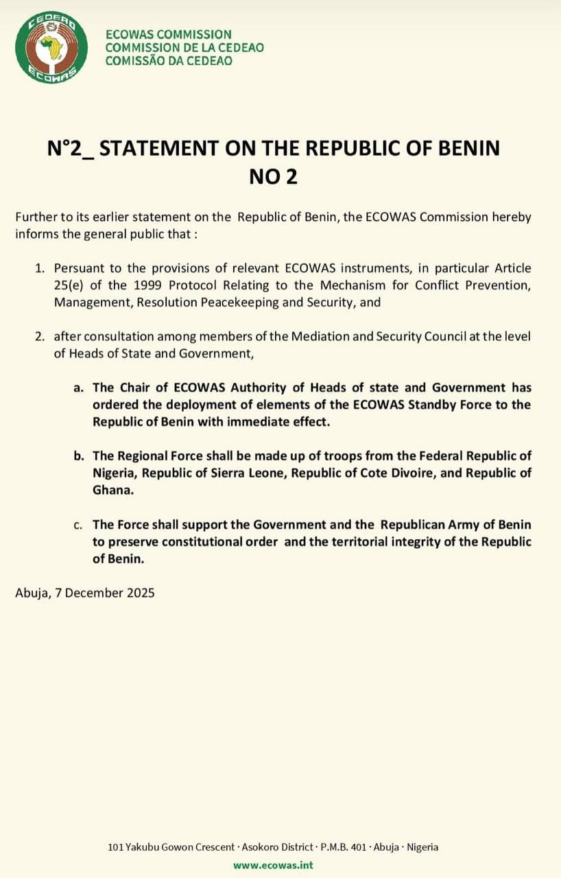 Featured image for: ECOWAS Standby Force deploying to Benin to support government forces ECOWAS Standby Force deploying to Benin to support government forces