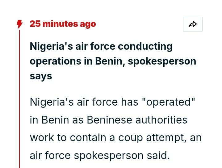 Featured image for: Nigerian army conducts air operations in Benin after coup attempt Nigerian army conducts air operations in Benin after coup attempt