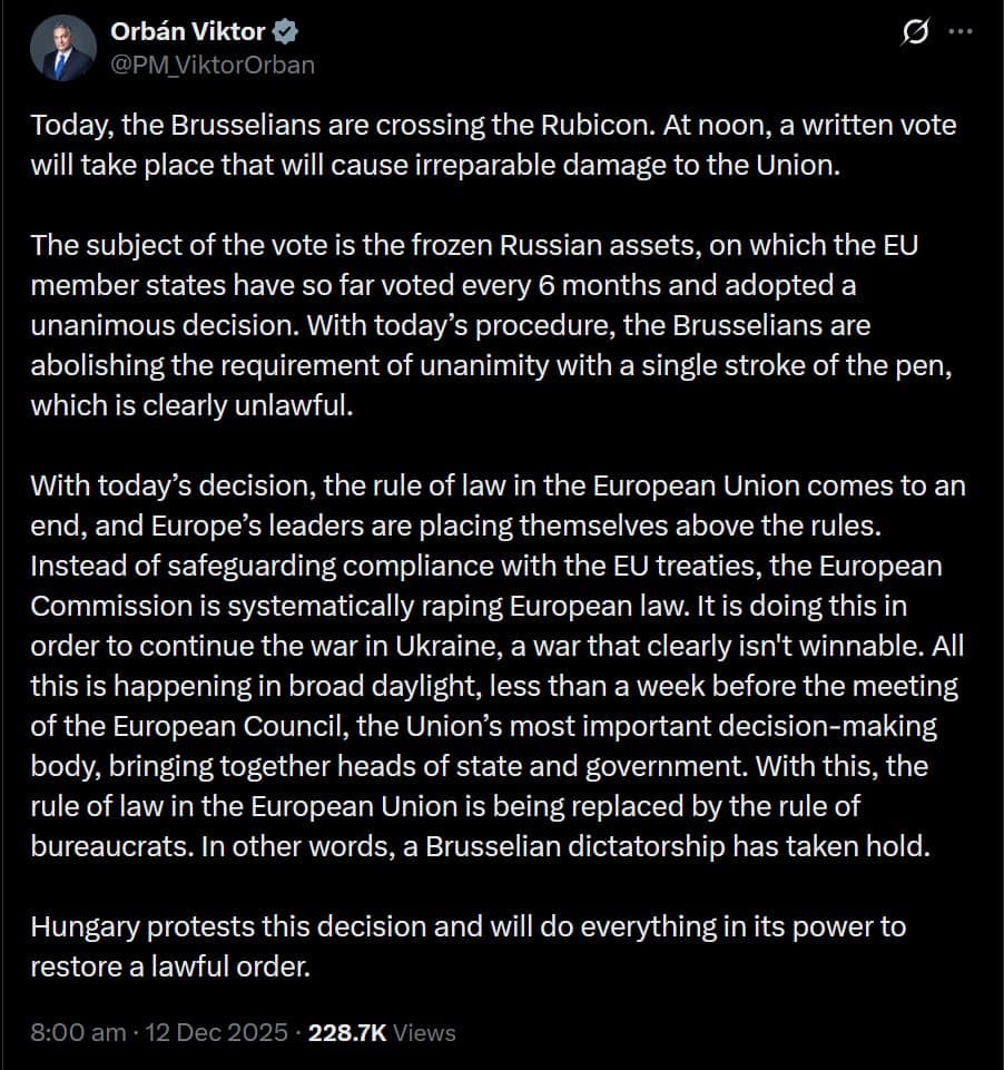 Featured image for: Hungary's Orbán condemns EU vote on frozen Russian assets as unlawful Hungary's Orbán condemns EU vote on frozen Russian assets as unlawful