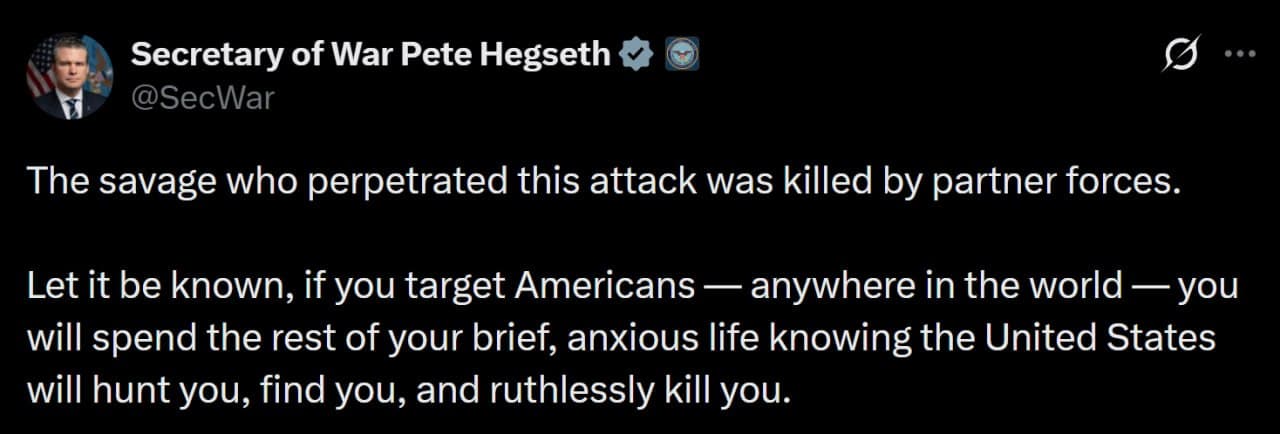 Featured image for: Secretary of War Pete Hegseth confirms attacker killed by partner forces Secretary of War Pete Hegseth confirms attacker killed by partner forces