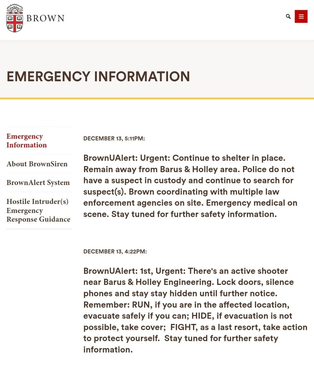 Featured image for: Brown University advises shelter in place as police search for suspect Brown University advises shelter in place as police search for suspect