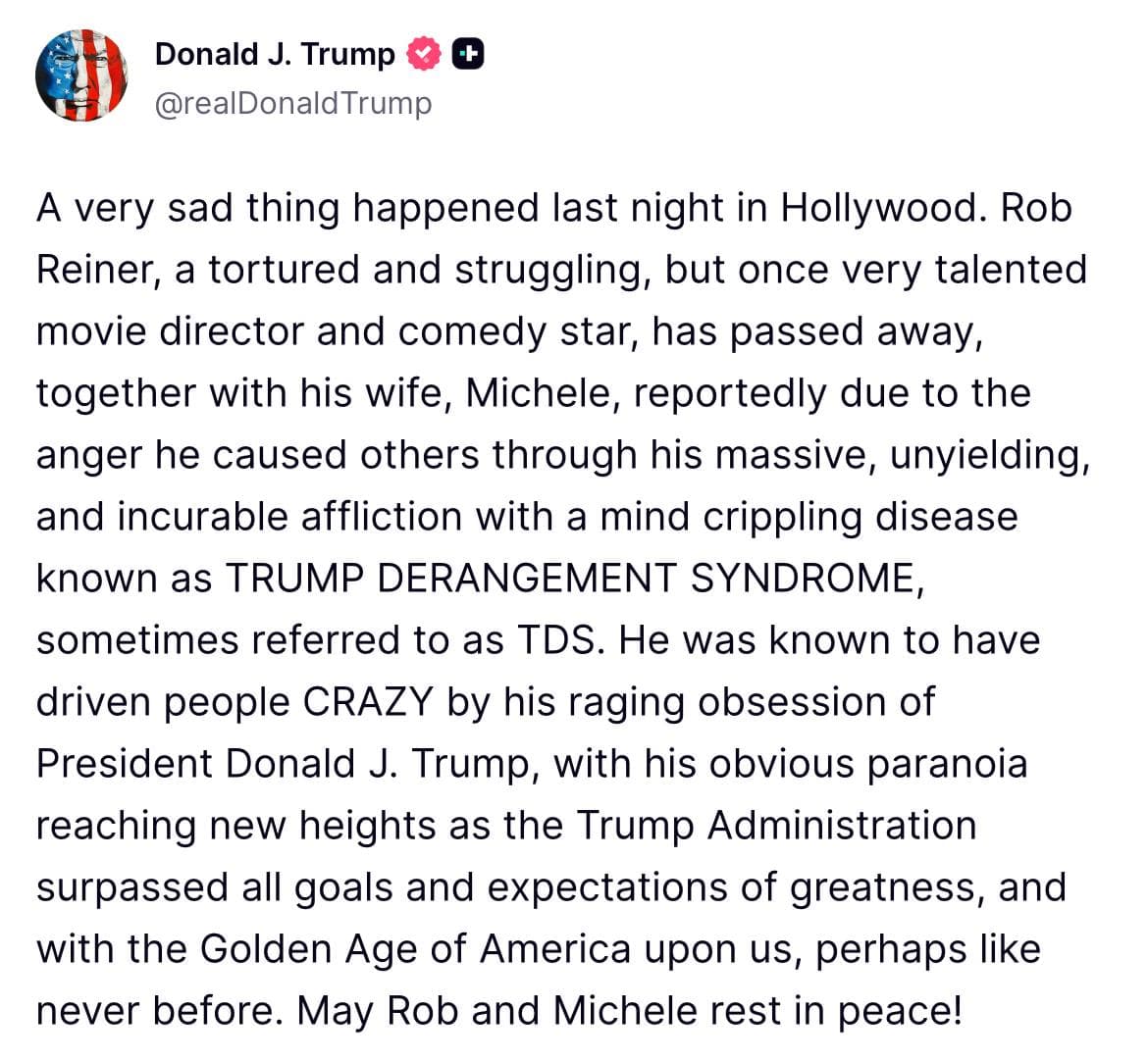 Featured image for: Trump claims Rob Reiner died from 'Trump Derangement Syndrome' Trump claims Rob Reiner died from 'Trump Derangement Syndrome'