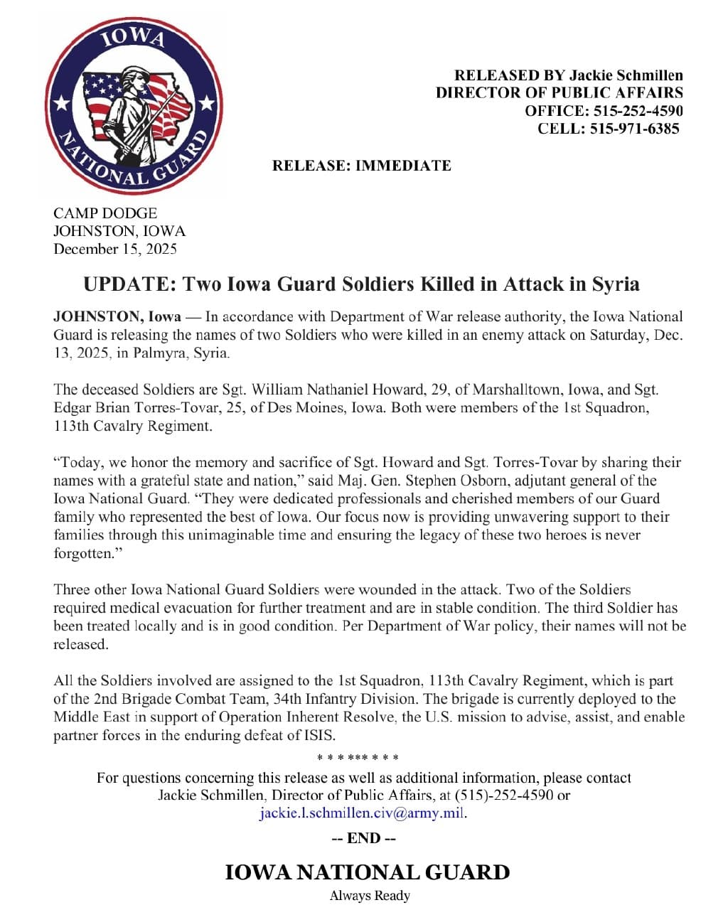 Featured image for: Iowa National Guard names two Soldiers killed in Syria attack Iowa National Guard names two Soldiers killed in Syria attack