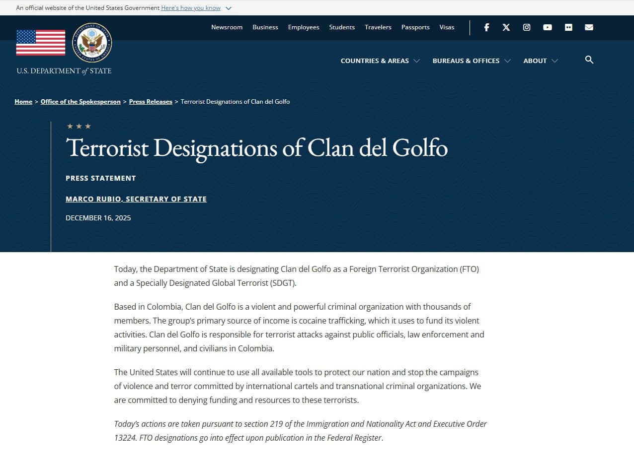Featured image for: U.S. designates Clan del Golfo as Foreign Terrorist Organization U.S. designates Clan del Golfo as Foreign Terrorist Organization