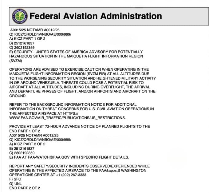 FAA issues safety warning for airlines flying near Venezuela
