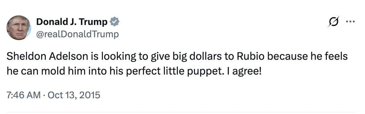 Featured image for: Trump claims Sheldon Adelson wants to fund Rubio as his 'puppet' Trump claims Sheldon Adelson wants to fund Rubio as his 'puppet'