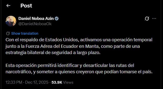Featured image for: Ecuador activates operation with US support to combat drug trafficking Ecuador activates operation with US support to combat drug trafficking