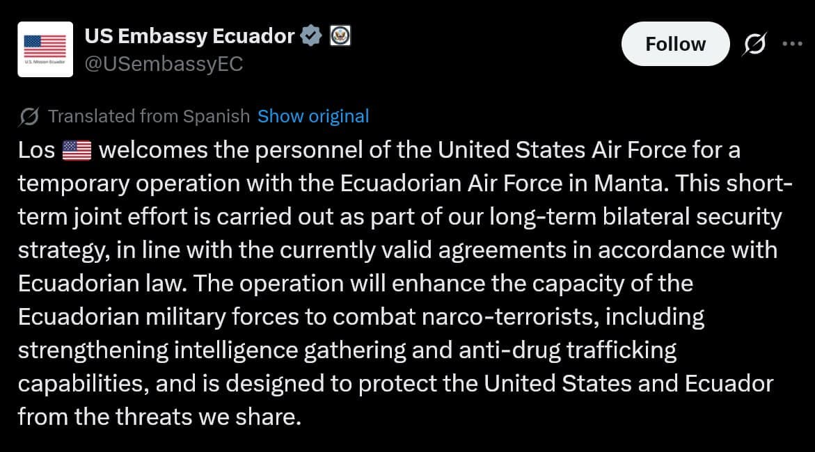 Featured image for: U.S. Air Force deploys to Ecuador for drug trafficking mission U.S. Air Force deploys to Ecuador for drug trafficking mission