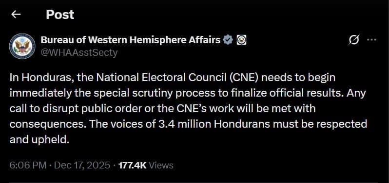 US State Department urges Honduras to finalize electoral results immediately