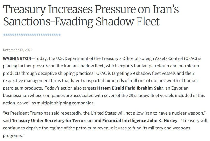 U.S. imposes sanctions on 29 Iranian vessels and associated companies