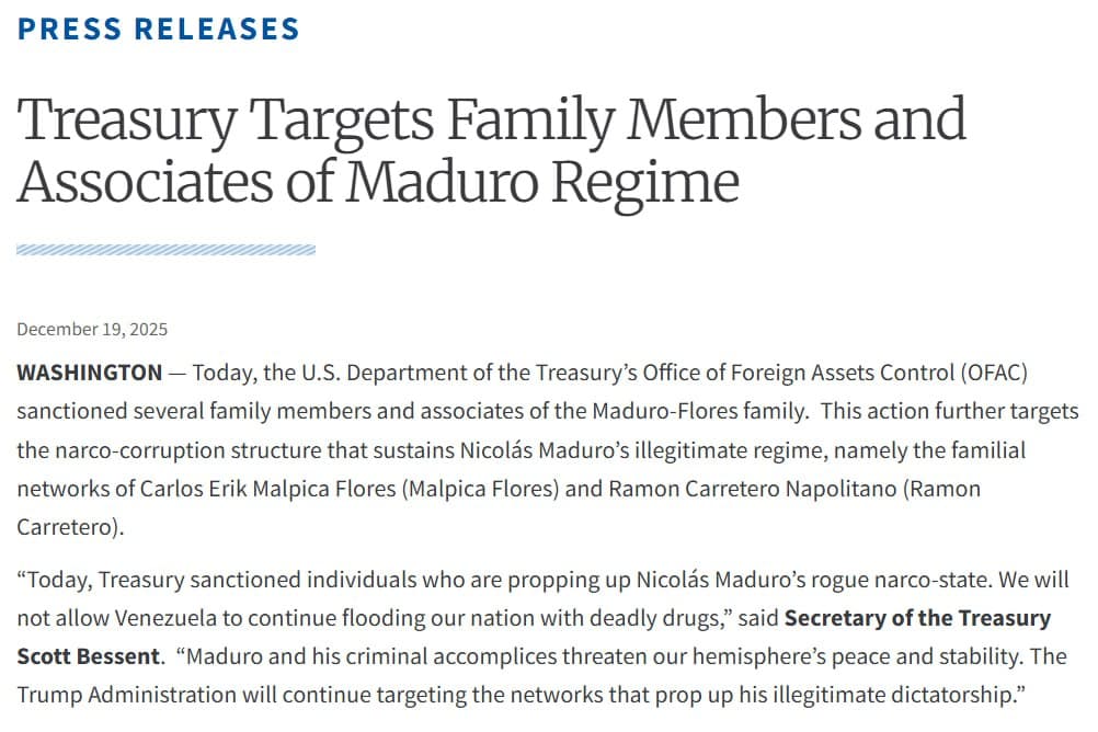 U.S. sanctions seven associates of Venezuelan President Nicolás Maduro