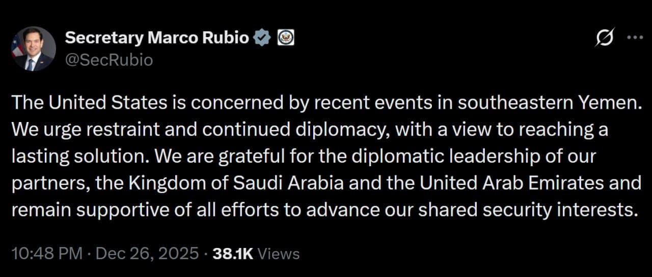 U.S. urges restraint and diplomacy in southeastern Yemen