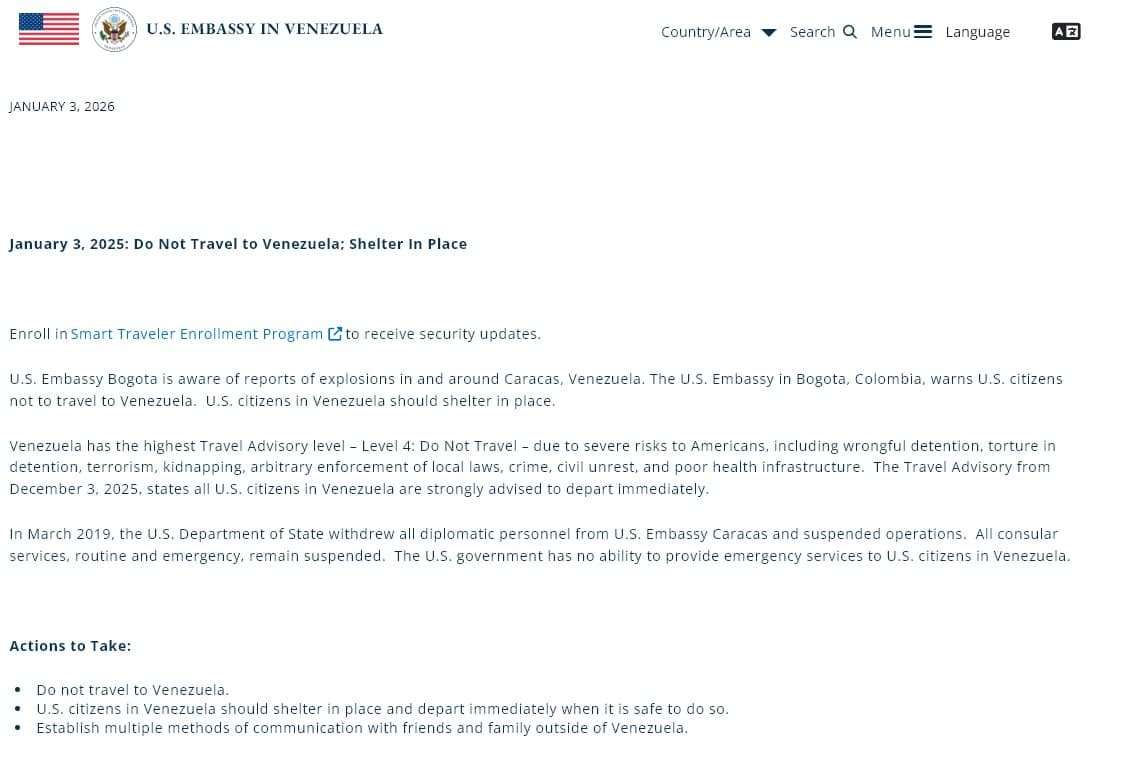 Featured image for: U.S. Embassy urges citizens to leave Venezuela immediately due to security risks U.S. Embassy urges citizens to leave Venezuela immediately due to security risks