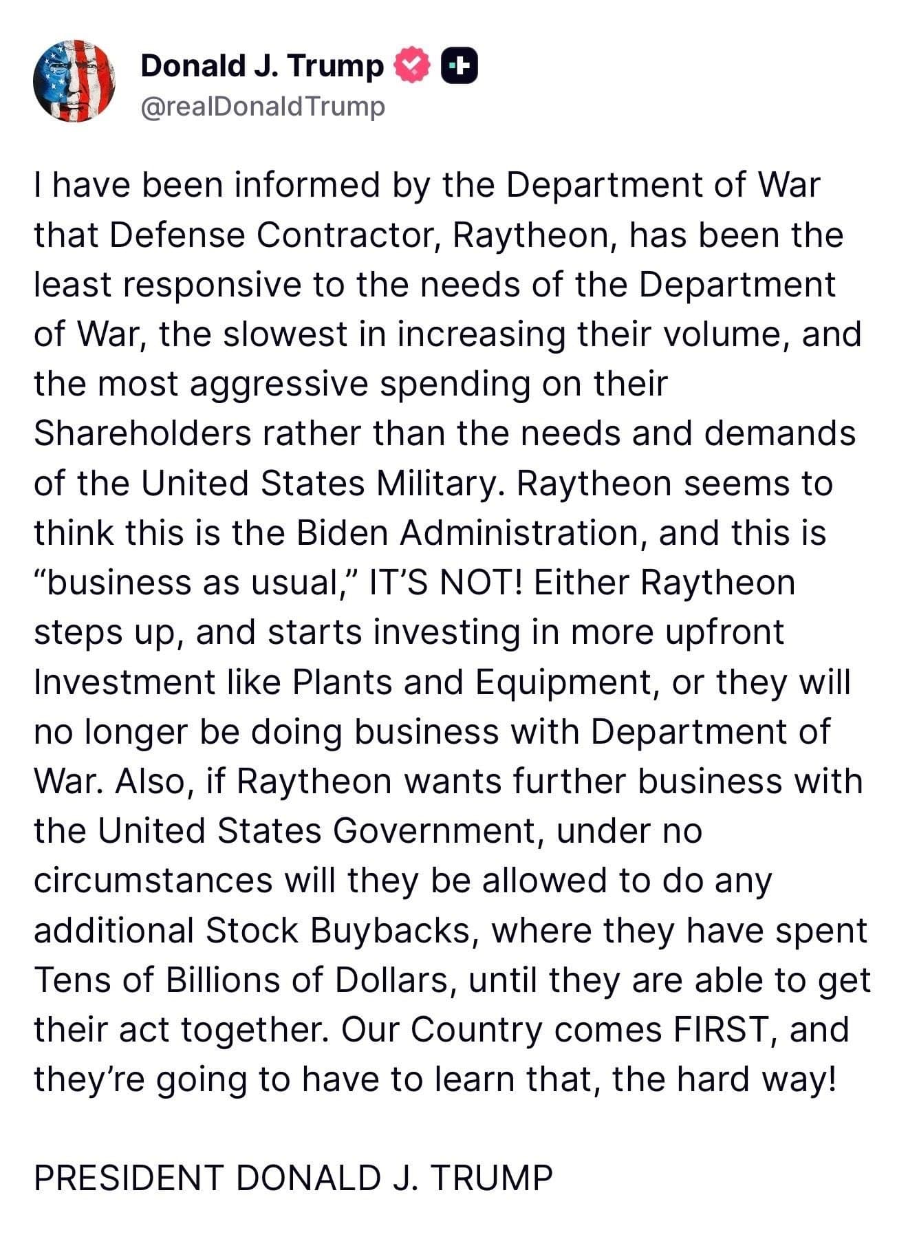 Trump threatens Raytheon with loss of DOD contracts over investment issues