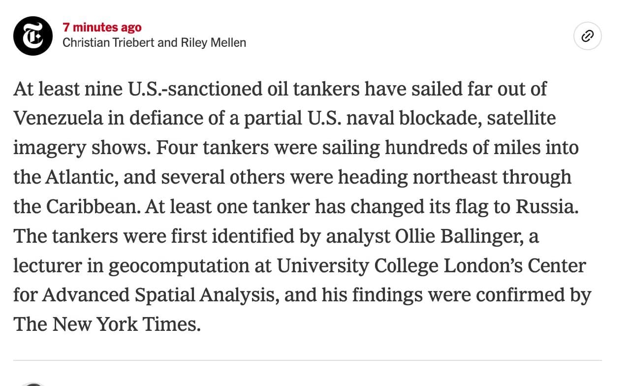 At least 9 U.S.-sanctioned oil tankers leave Venezuela despite blockade