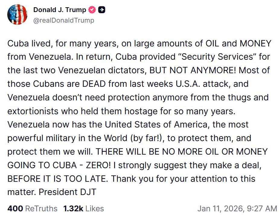 Trump declares no more oil or money for Cuba from Venezuela