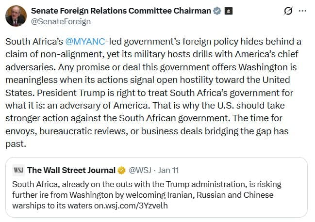 Senate Foreign Relations Chairman Risch calls South Africa an adversary