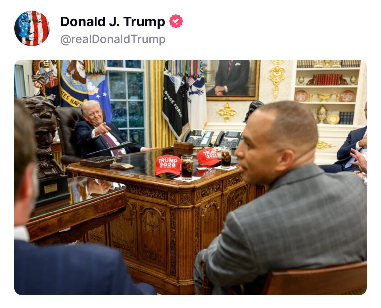 Featured image for: President Trump presents 'Trump 2028' hats to Hakeem Jeffries and Chuck Schumer President Trump presents 'Trump 2028' hats to Hakeem Jeffries and Chuck Schumer