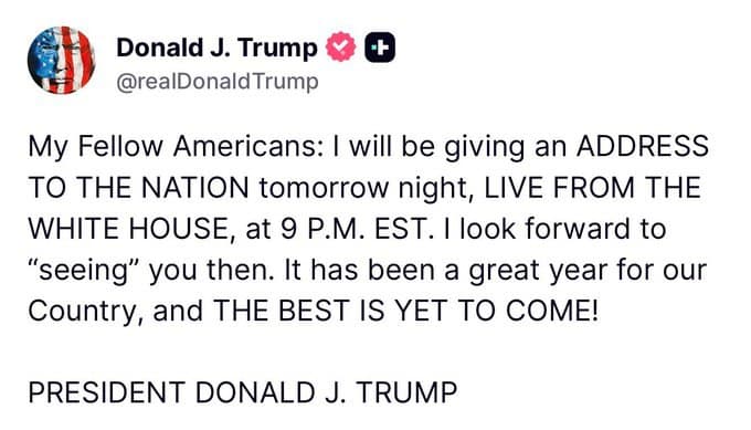 President Trump to address the nation tomorrow night