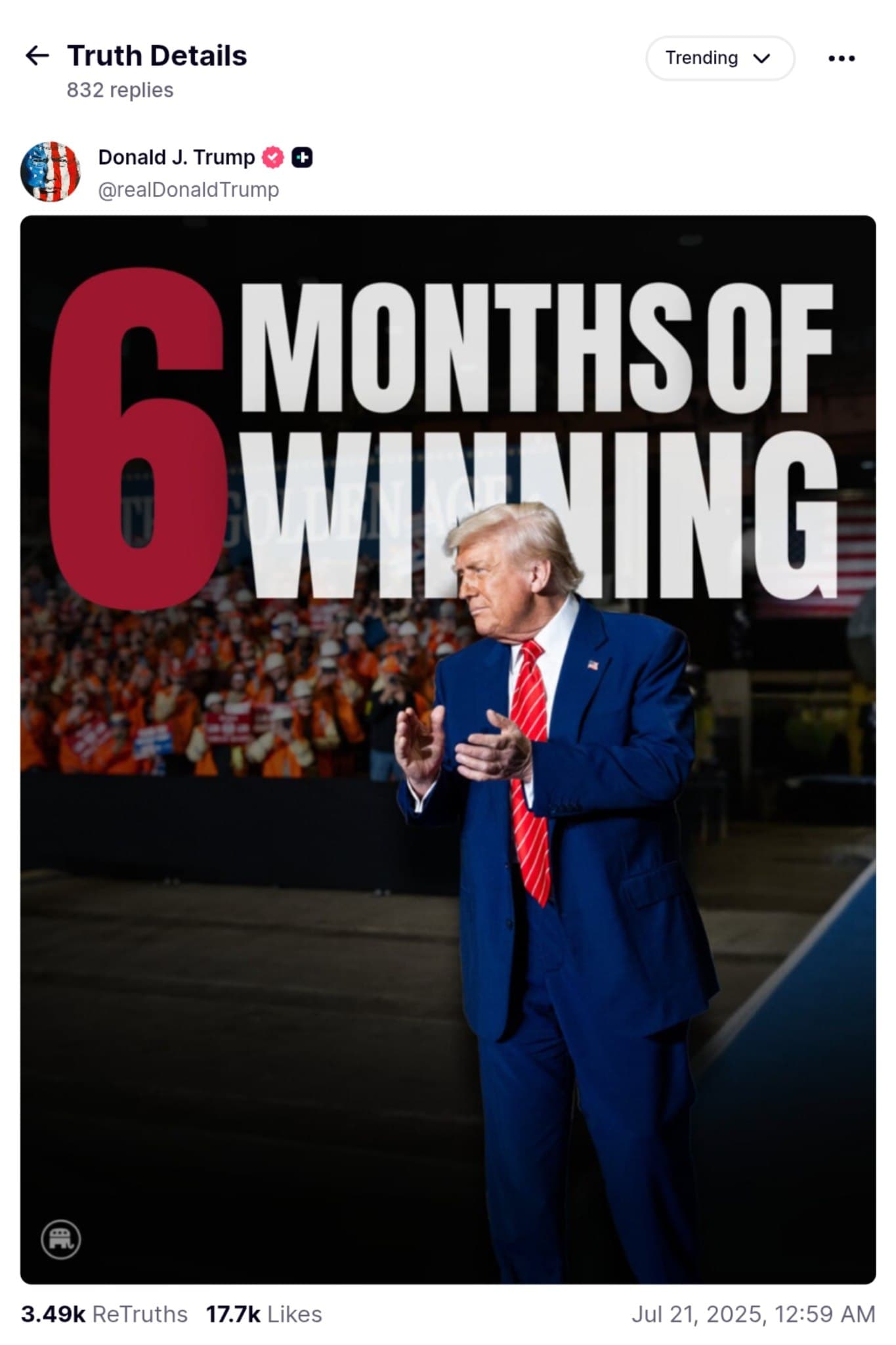 Featured image for: Trump claims "6 Months of Winning" on Truth Social platform Trump claims "6 Months of Winning" on Truth Social platform