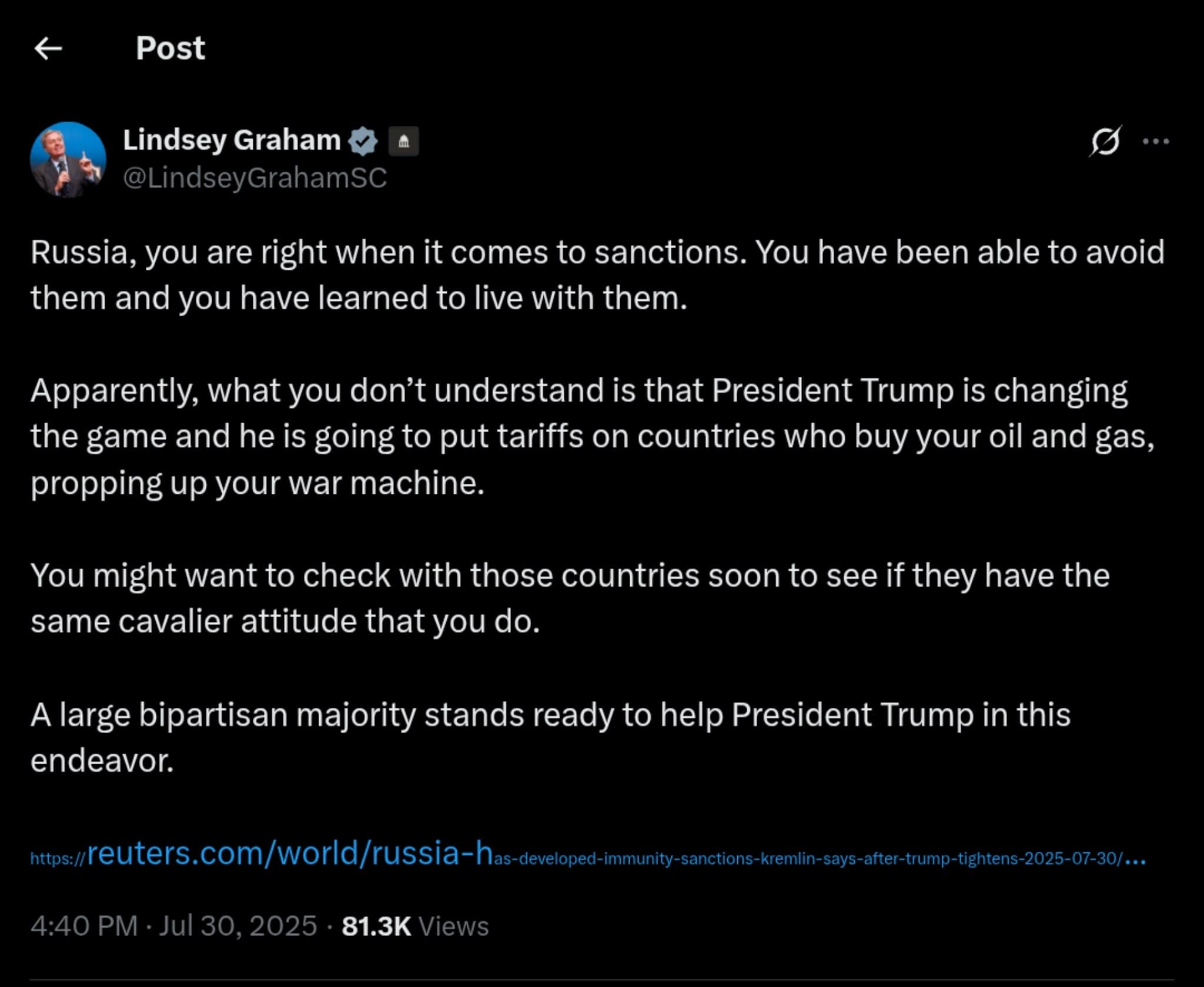 Featured image for: Lindsey Graham Warns Russia: Trump’s Tariffs Could Target Your Oil Buyers Lindsey Graham Warns Russia: Trump’s Tariffs Could Target Your Oil Buyers