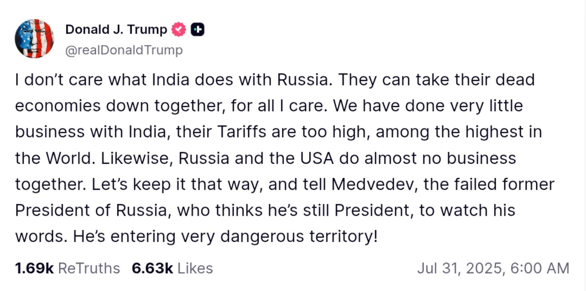 Featured image for: Trump Dismisses India-Russia Relations, Warns Medvedev of 'Dangerous Territory' Trump Dismisses India-Russia Relations, Warns Medvedev of 'Dangerous Territory'