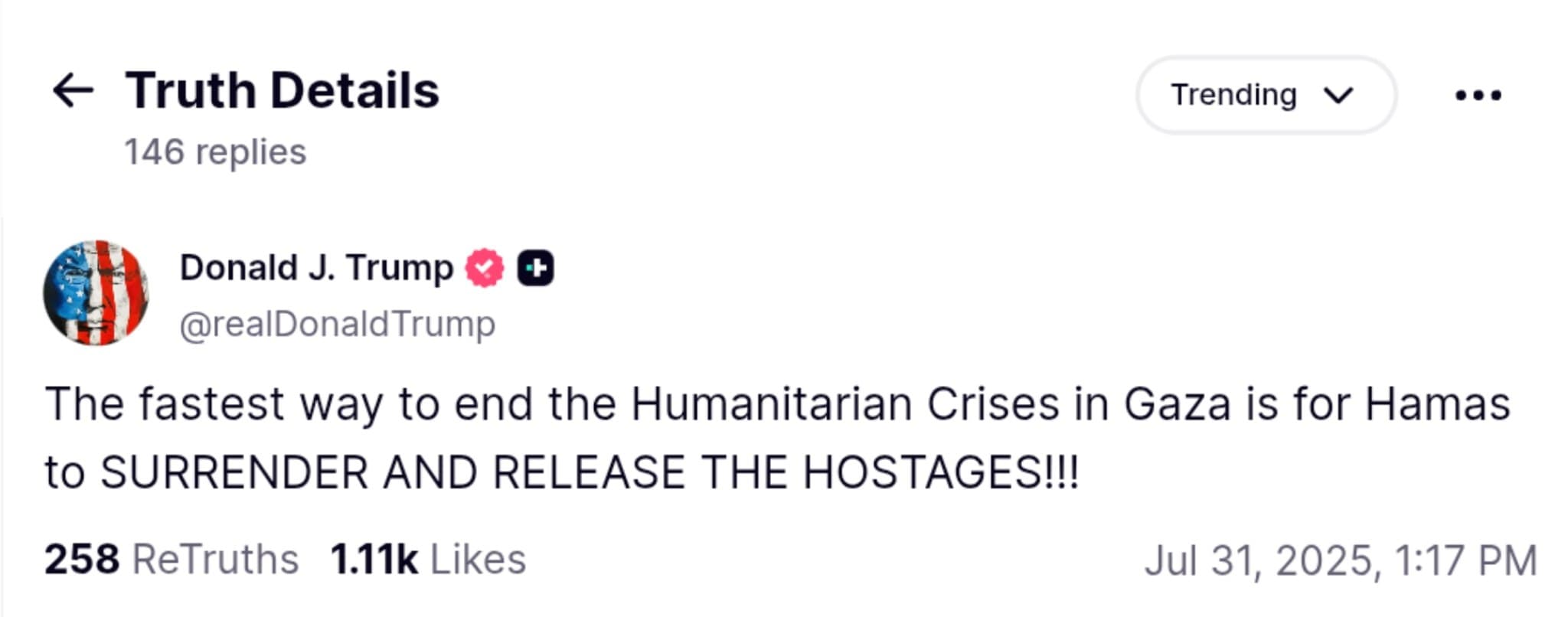 Featured image for: Trump Urges Hamas to Surrender to End Gaza Humanitarian Crisis and Free Hostages Trump Urges Hamas to Surrender to End Gaza Humanitarian Crisis and Free Hostages
