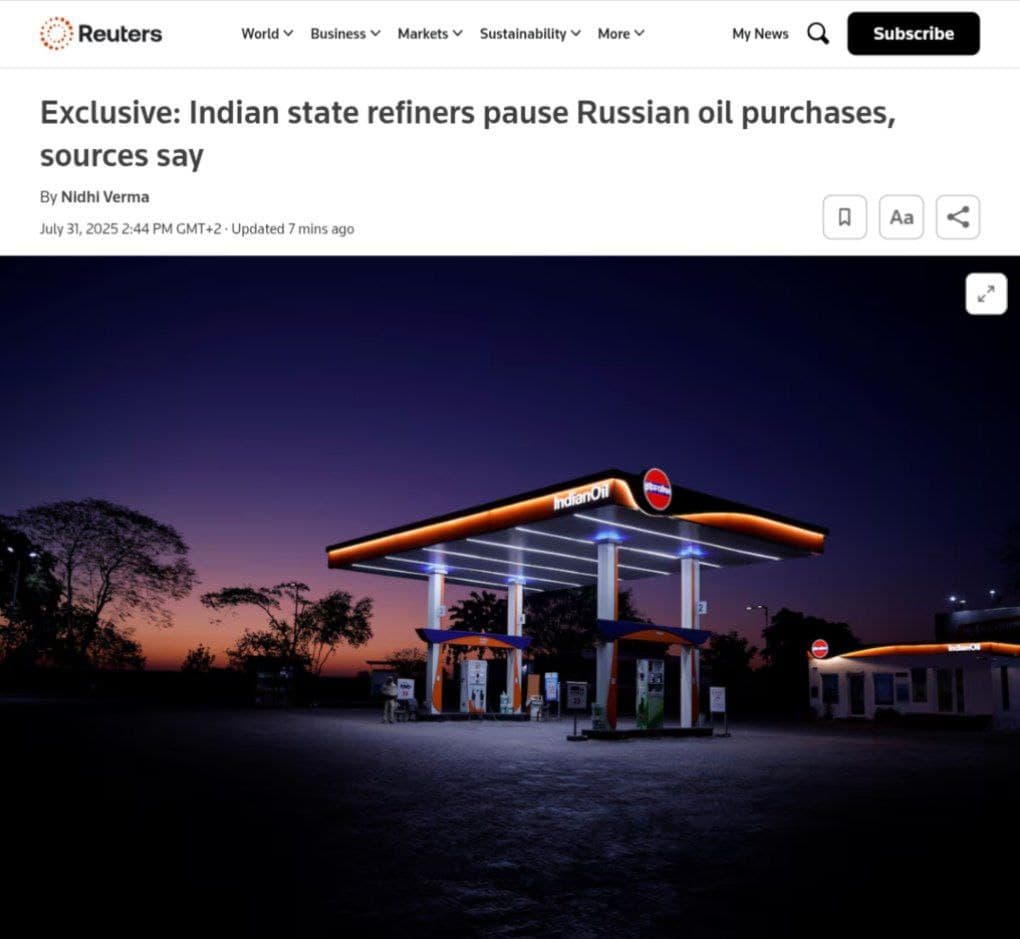 Featured image for: Indian State Refiners Suspend Russian Oil Purchases Amid U.S. Tariff Threats Indian State Refiners Suspend Russian Oil Purchases Amid U.S. Tariff Threats