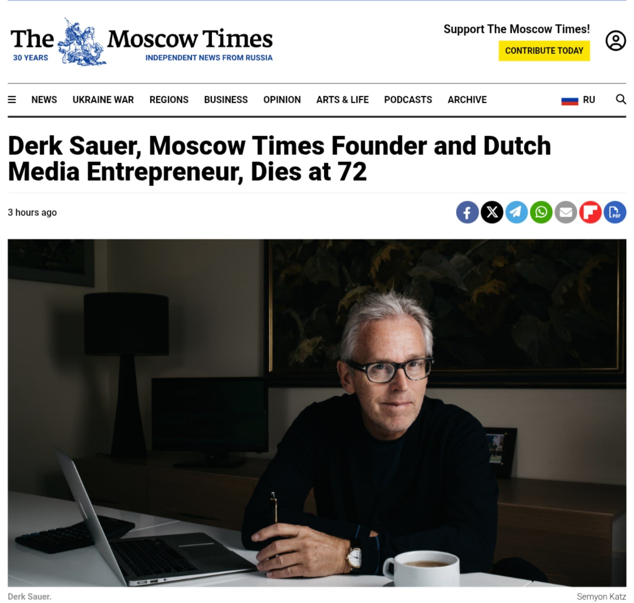 Featured image for: Derk Sauer, Founder of The Moscow Times, Dies at 72 Following Sailing Accident Derk Sauer, Founder of The Moscow Times, Dies at 72 Following Sailing Accident