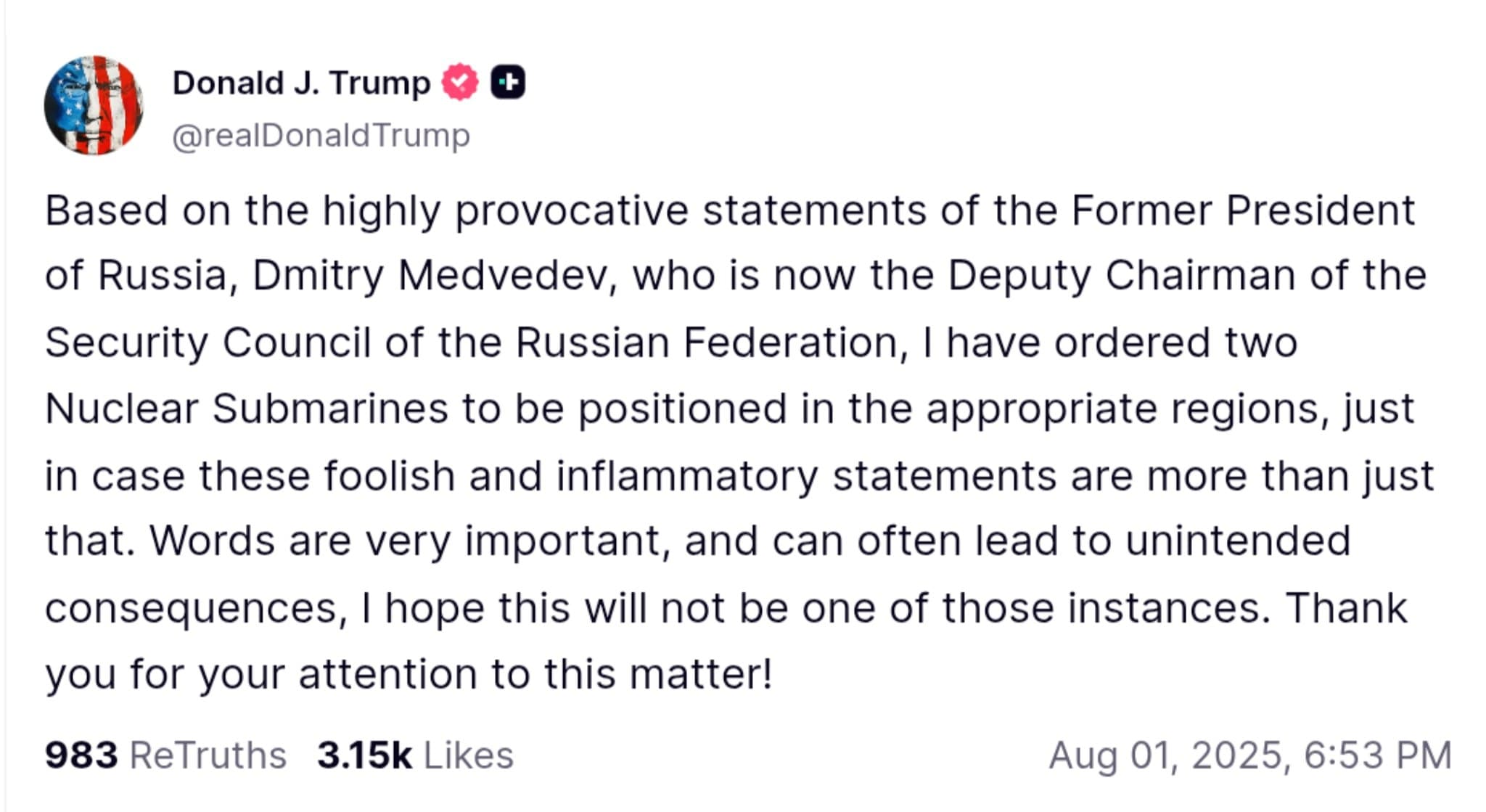 Featured image for: Trump Deploys Two Nuclear Submarines Near Russia Following Medvedev's Provocative Remarks Trump Deploys Two Nuclear Submarines Near Russia Following Medvedev's Provocative Remarks