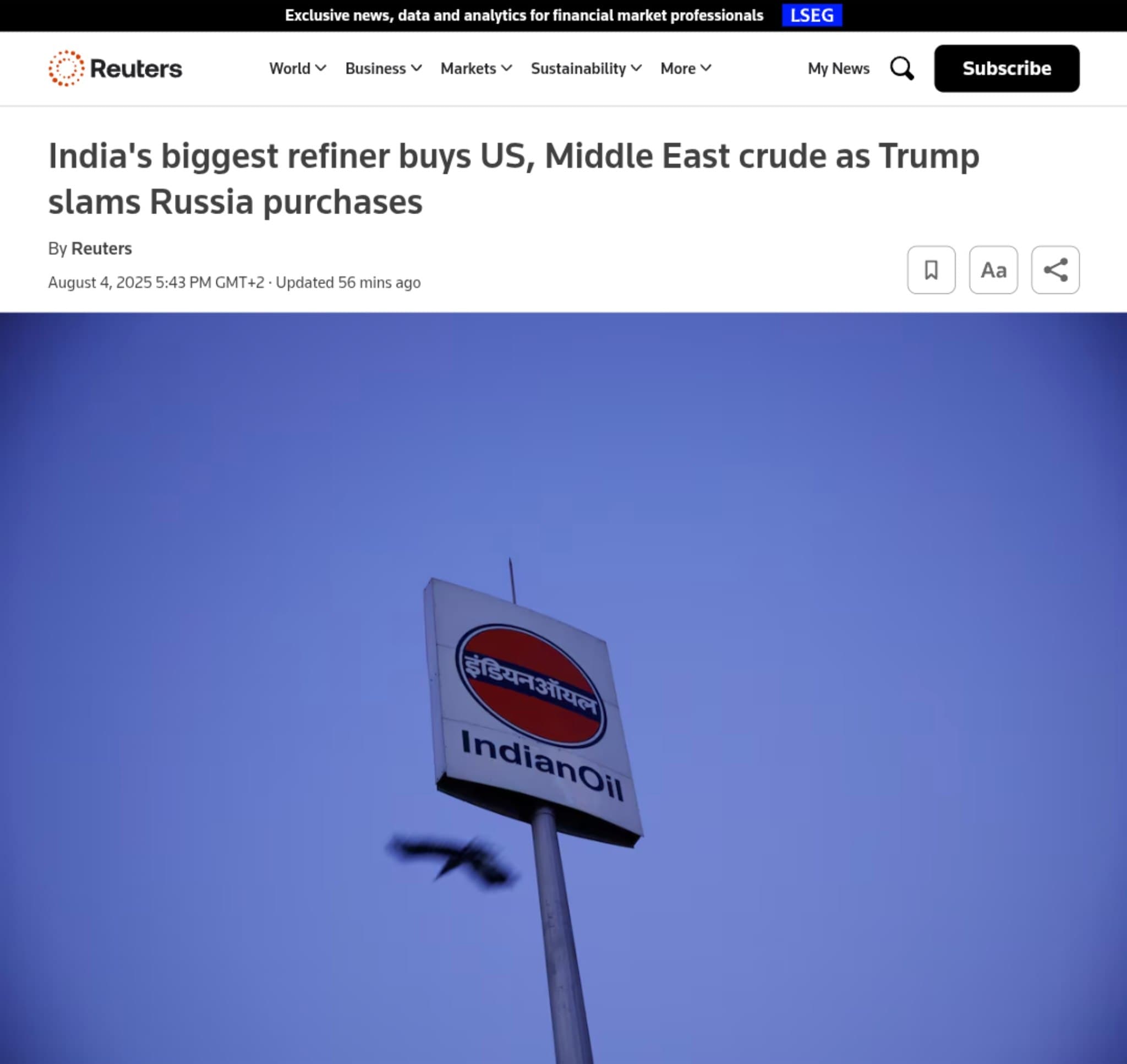 Featured image for: India's Largest Refiner Cuts Russian Oil Ties, Shifts to U.S. Crude Amid Trump's Tariff Threats India's Largest Refiner Cuts Russian Oil Ties, Shifts to U.S. Crude Amid Trump's Tariff Threats