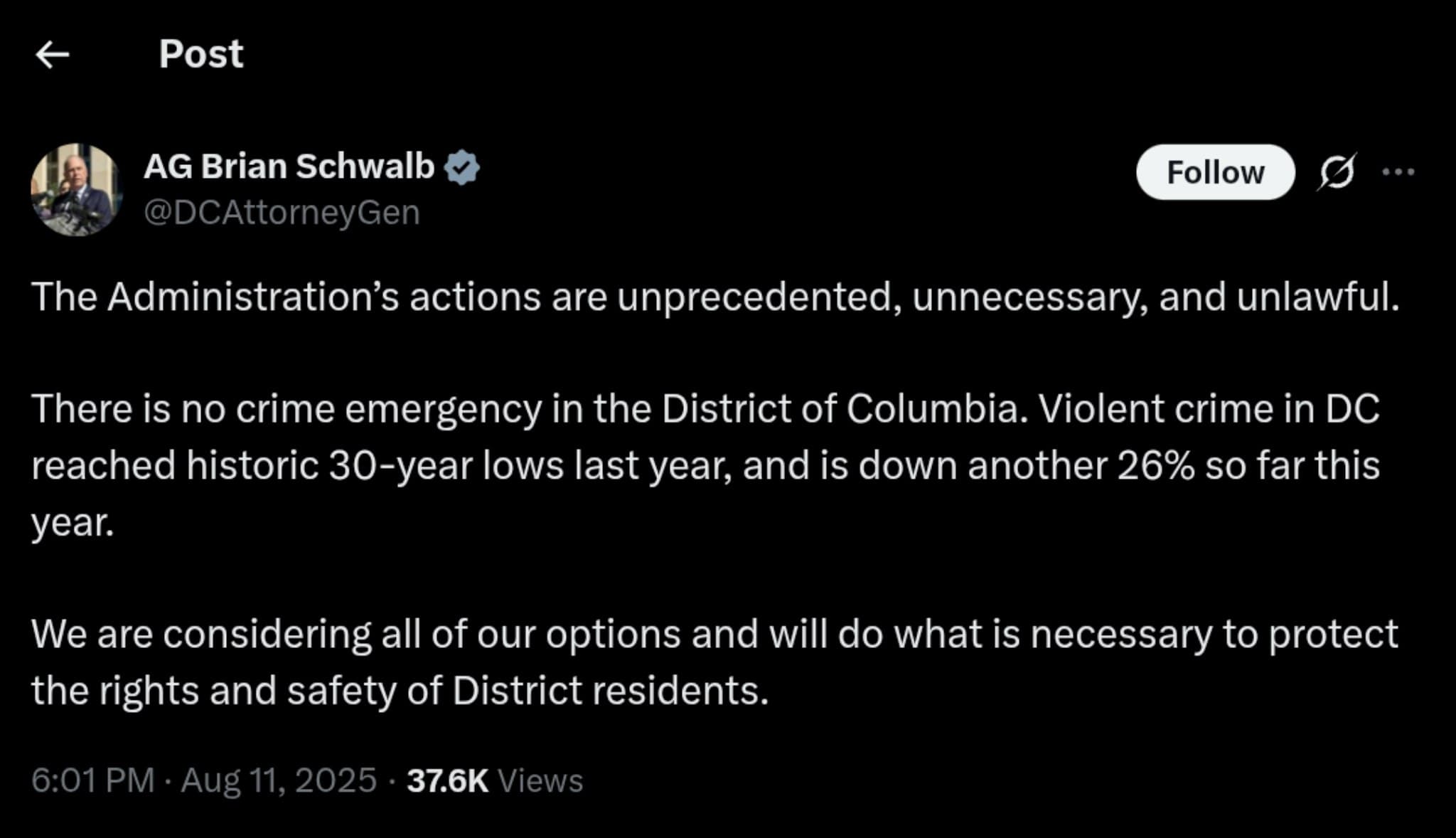 Featured image for: DC Attorney General Slams Administration's Actions as 'Unprecedented' Amid Historic Crime Decline DC Attorney General Slams Administration's Actions as 'Unprecedented' Amid Historic Crime Decline