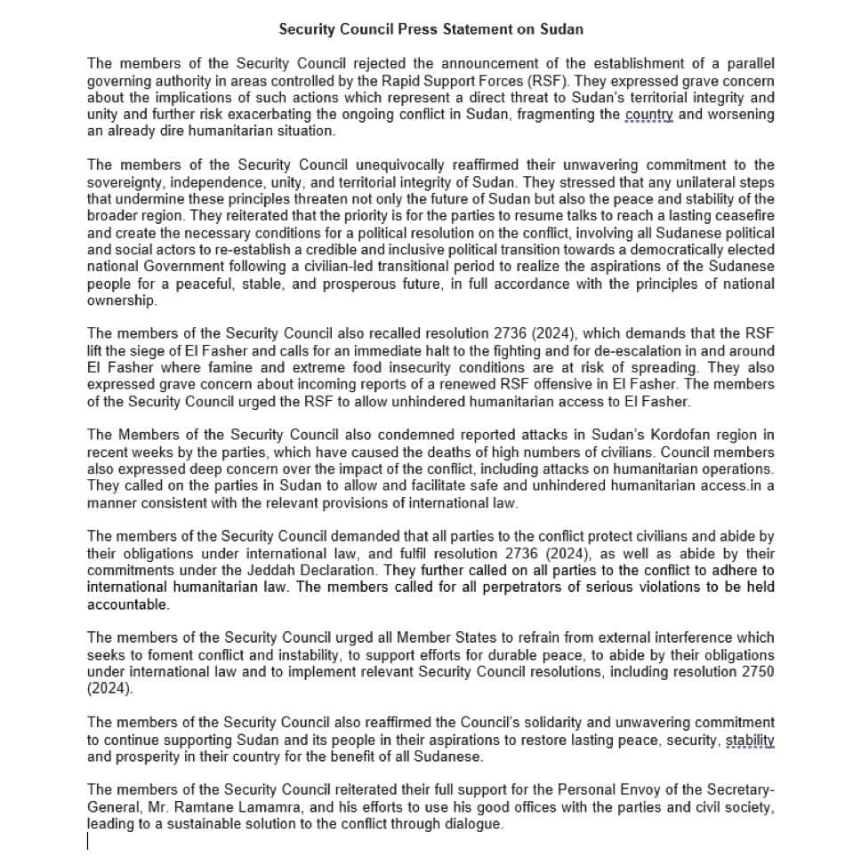 Featured image for: UN Security Council Rejects RSF’s Parallel Government in Sudan, Demands Immediate Siege Lift on El Fasher UN Security Council Rejects RSF’s Parallel Government in Sudan, Demands Immediate Siege Lift on El Fasher