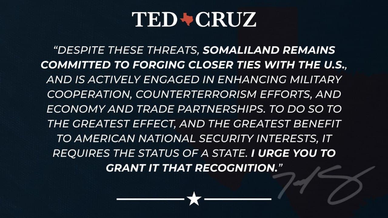 Featured image for: Sen. Cruz Urges Trump to Recognize Somaliland's Independence for U.S. Security Sen. Cruz Urges Trump to Recognize Somaliland's Independence for U.S. Security