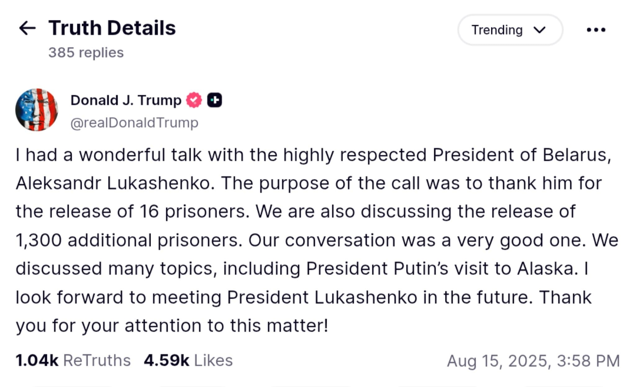 Featured image for: Trump Hails Belarus’ Lukashenko for Prisoner Releases, Eyes Future Talks on Putin’s Alaska Visit Trump Hails Belarus’ Lukashenko for Prisoner Releases, Eyes Future Talks on Putin’s Alaska Visit