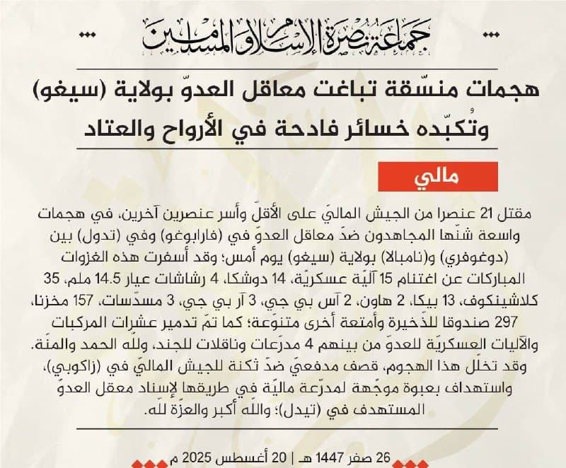 Featured image for: Breaking: JNIM Launches Coordinated Assaults, Kills 21 Malian Soldiers Breaking: JNIM Launches Coordinated Assaults, Kills 21 Malian Soldiers