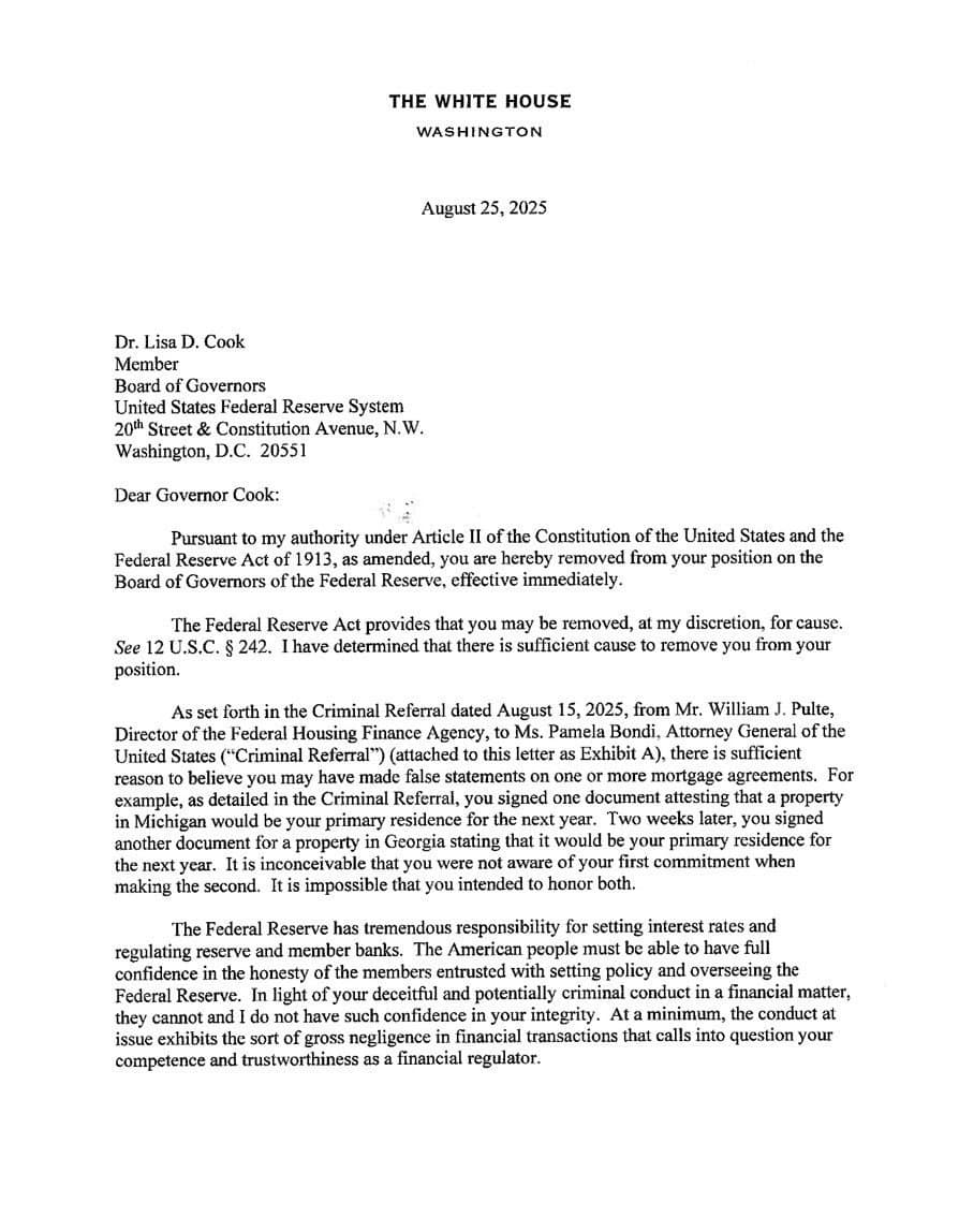 Featured image for: Trump Orders Federal Reserve Shake-Up, Ousting Governor Cook Amid Fraud Claims Trump Orders Federal Reserve Shake-Up, Ousting Governor Cook Amid Fraud Claims