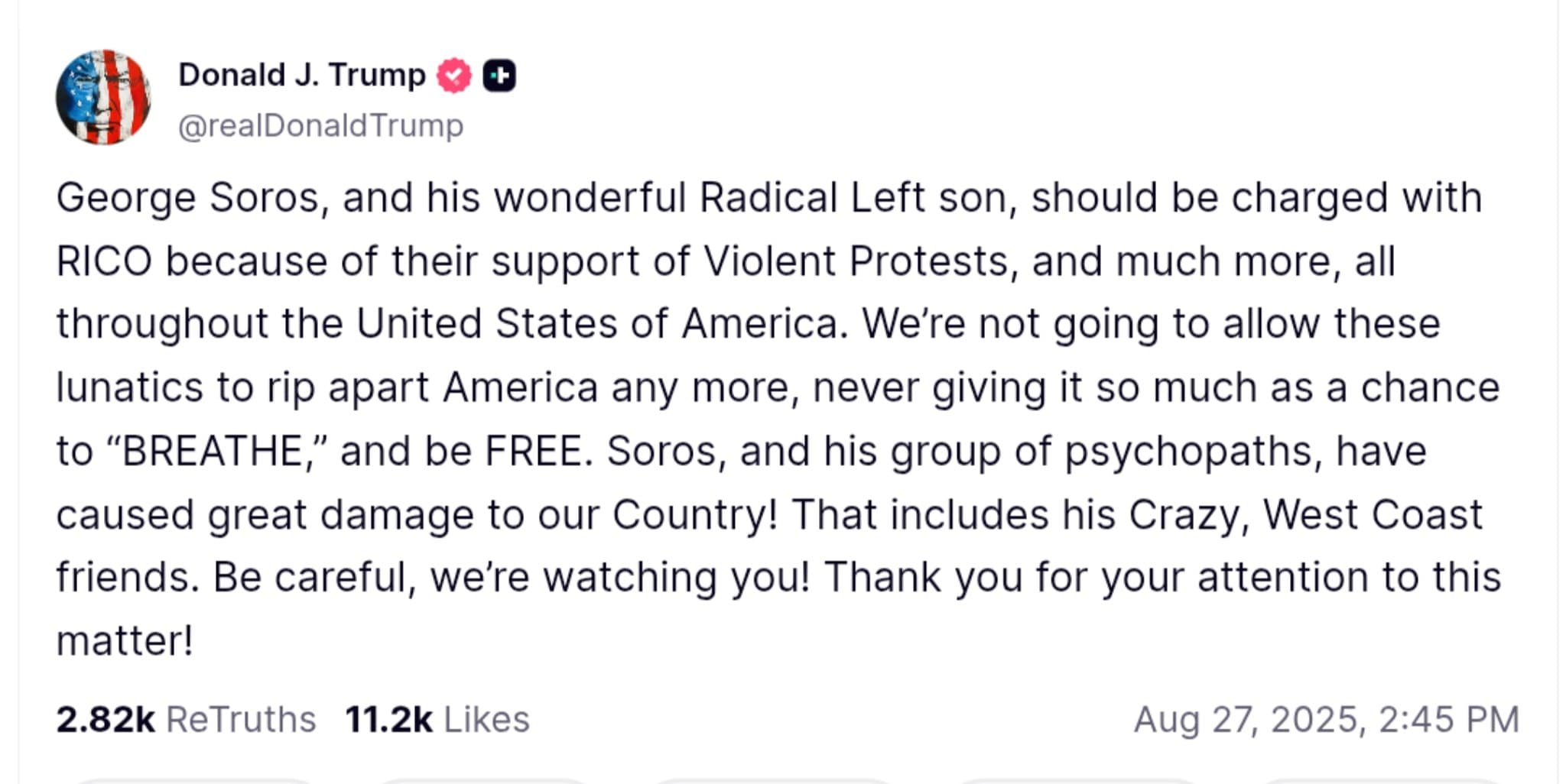 Featured image for: Trump Calls for RICO Charges Against Soros Over Protest Violence Trump Calls for RICO Charges Against Soros Over Protest Violence