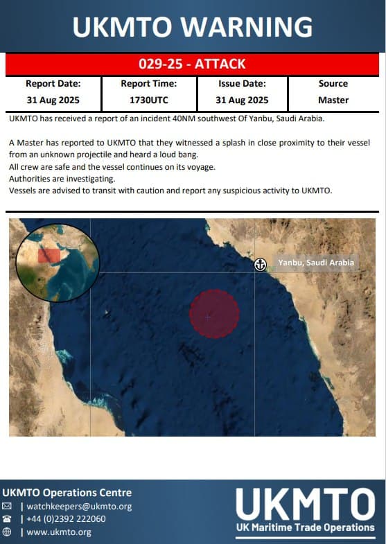 Featured image for: Warning Issued After Unknown Projectile Strikes Vessel Near Yanbu Warning Issued After Unknown Projectile Strikes Vessel Near Yanbu